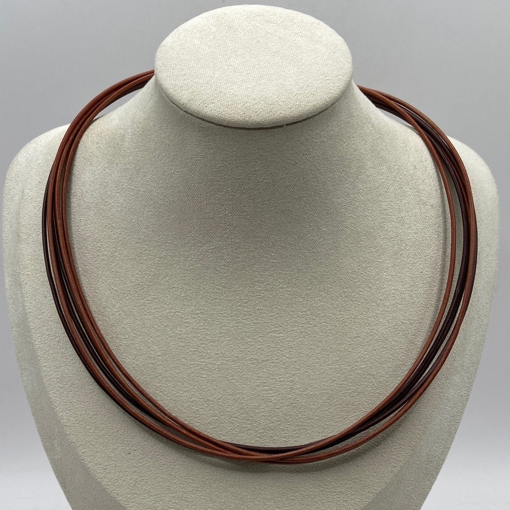 14K Yellow Gold 2 Tone Multi Strand Leather Cord Necklace 16-18”L New
